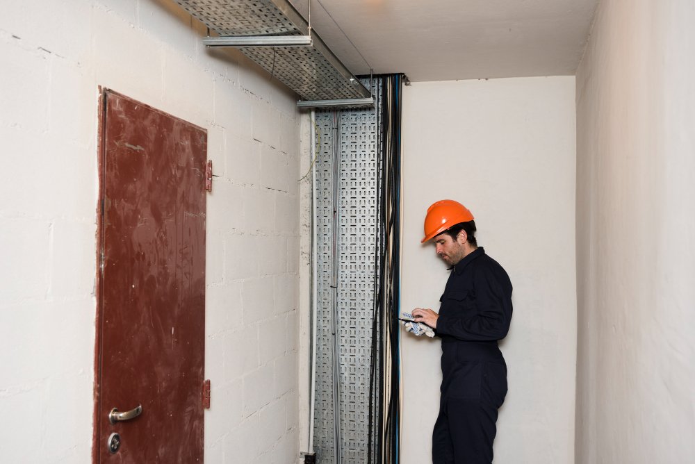 Technicien en visite dans une circulation technique d’un bâtiment